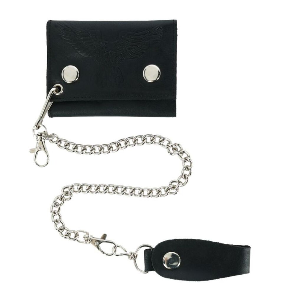 CTM Men's Leather Eagle Print Trifold Double Snap Chain Wallet